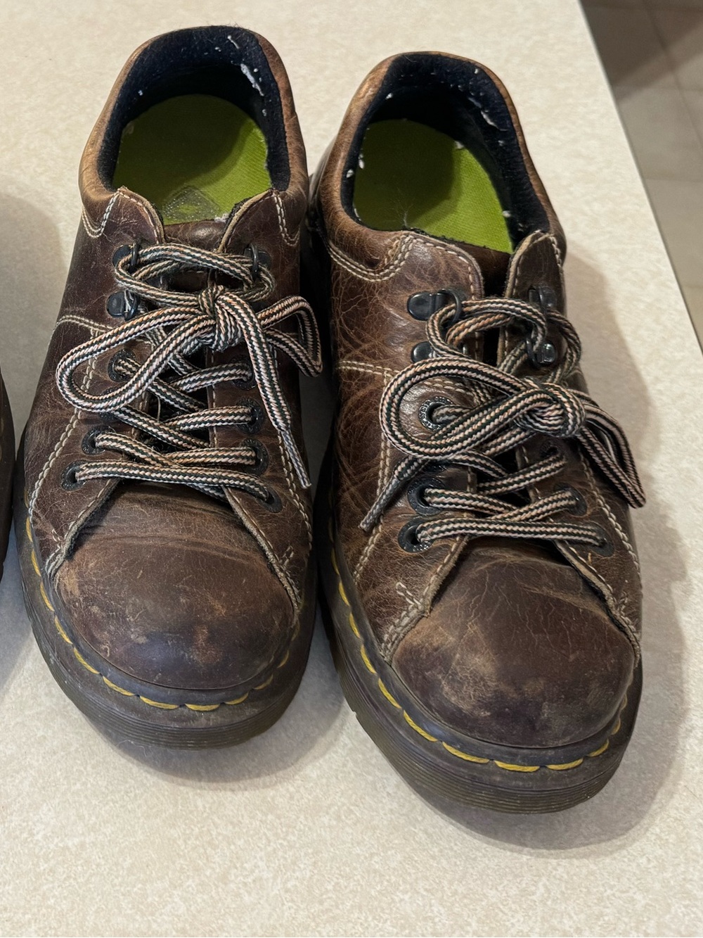 Dr. Martens Men's Brown Leather Lace-Up Oxfords with Yellow Stitching
